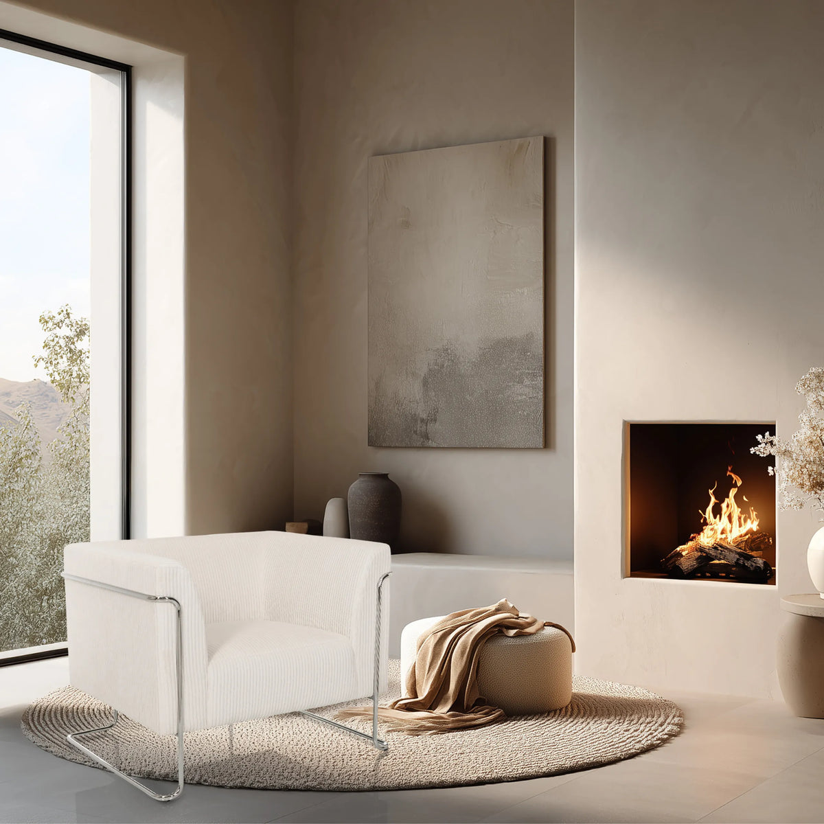 Witte lounge stoel Curacao Cord met een doorlopend metalen frame van hjh LIVING