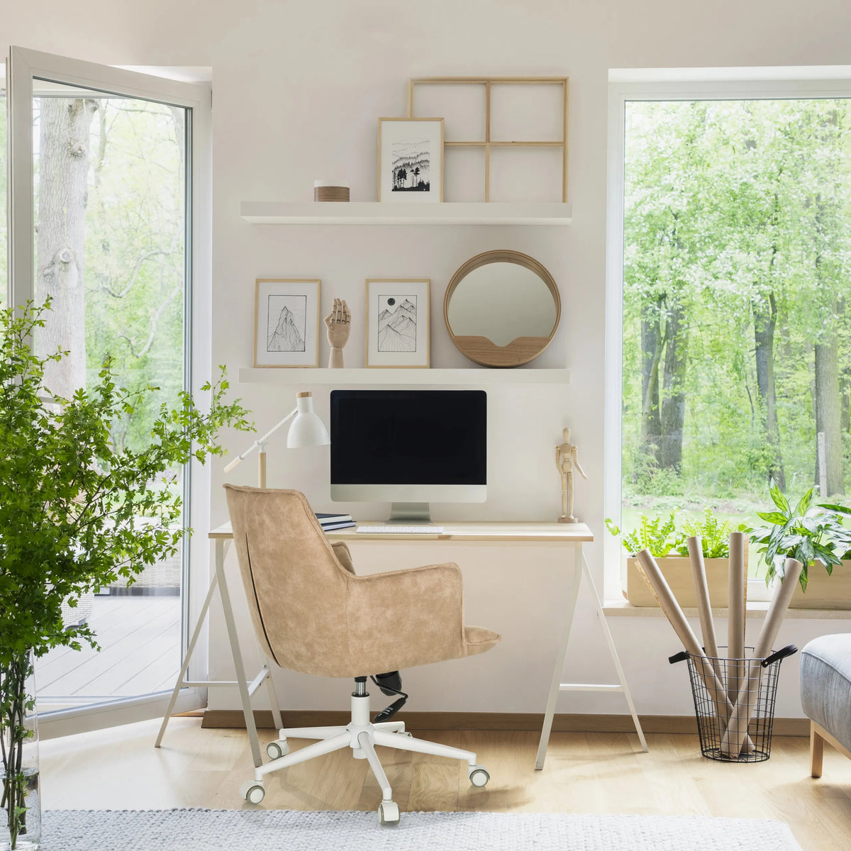 Beige Thuisgebruik bureaustoel SOLAO LIFE W met wieltjes en wit frame van hjh LIVING