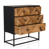Dressoir SANTJAGO BLACK SUN L met drie houtkleurige laden in visgraatpatroon en een zwart onderstel van hjh LIVING