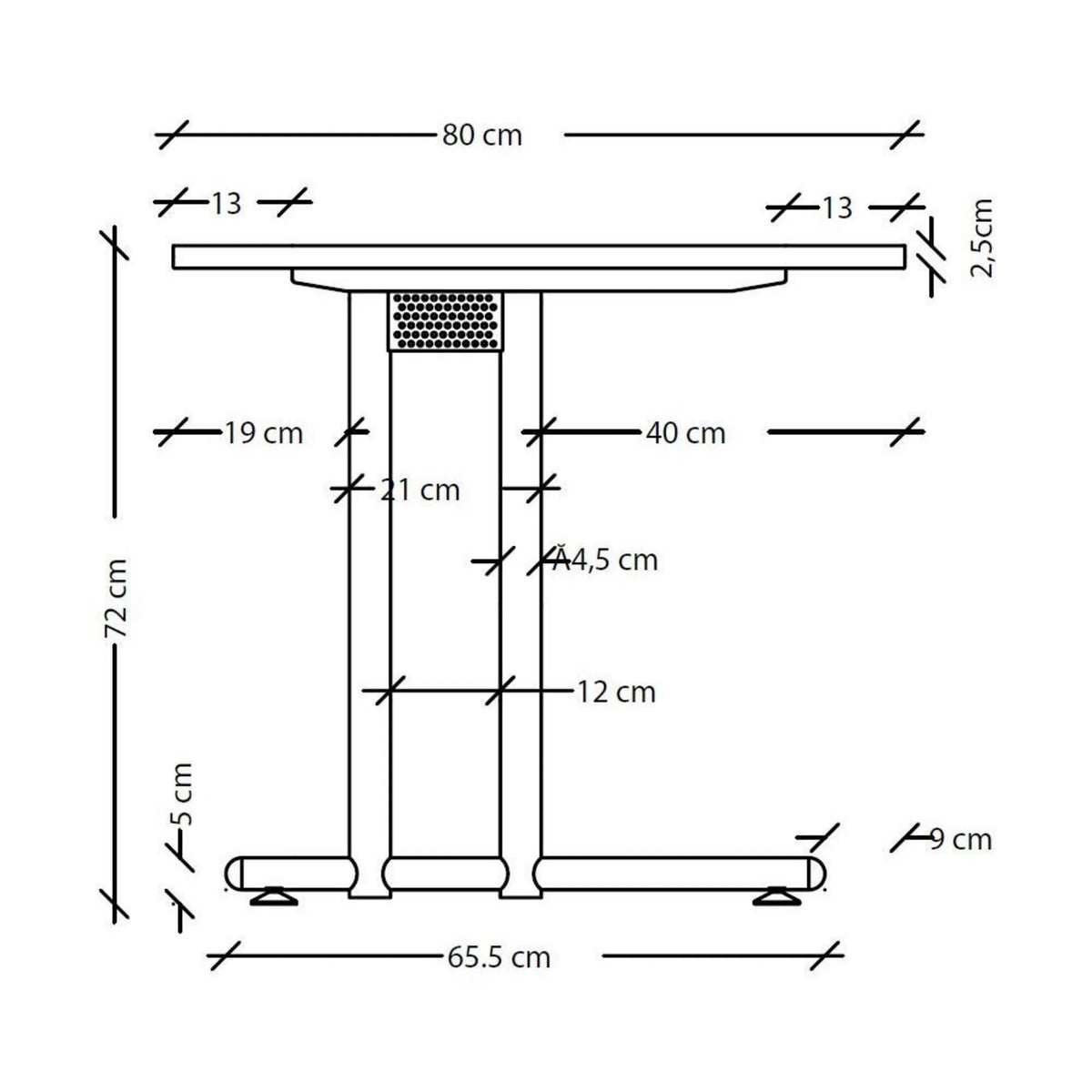 Maattekening van het bureau NANO 16 S uit de NANO-serie met een hoogte van 72 cm van hjh OFFICE PRO