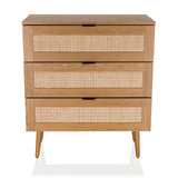Eikenkleurige Commode BOHEO K met drie lades met Weens vlechtwerk en vier poten van hjh LIVING – 360-gradenweergave (vooraanzicht 0°)