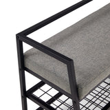 Grijs zitvlak en zwart metalen frame van de Estha Loft schoenenkast van hjh LIVING