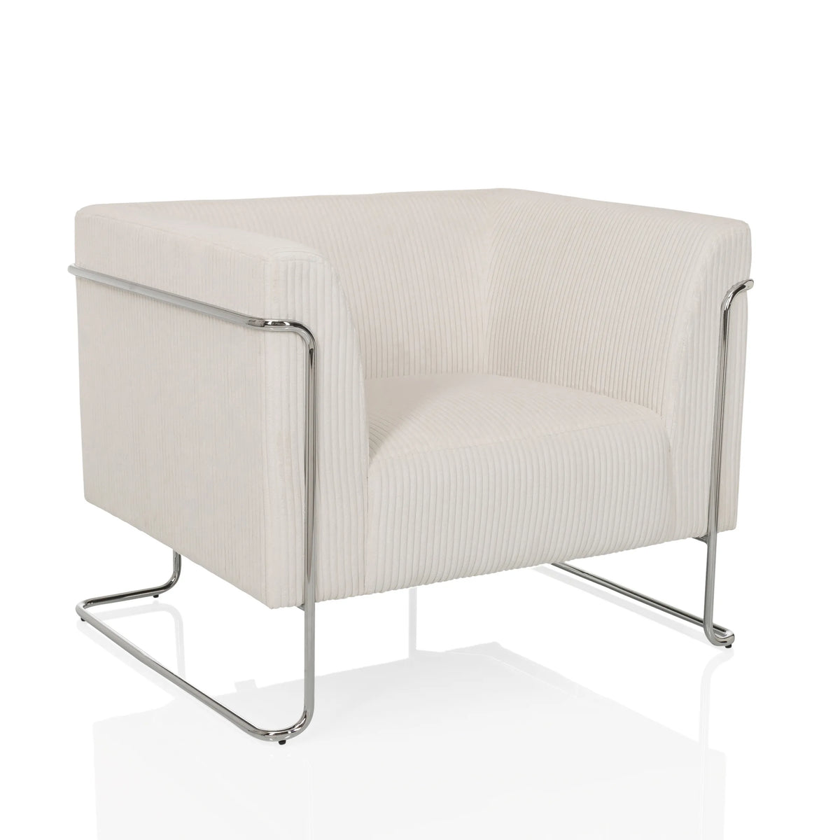Witte lounge stoel Curacao Cord met geribbelde bekleding en verchroomd frame van hjh LIVING – 360-gradenweergave (schuin vooraanzicht 30°)