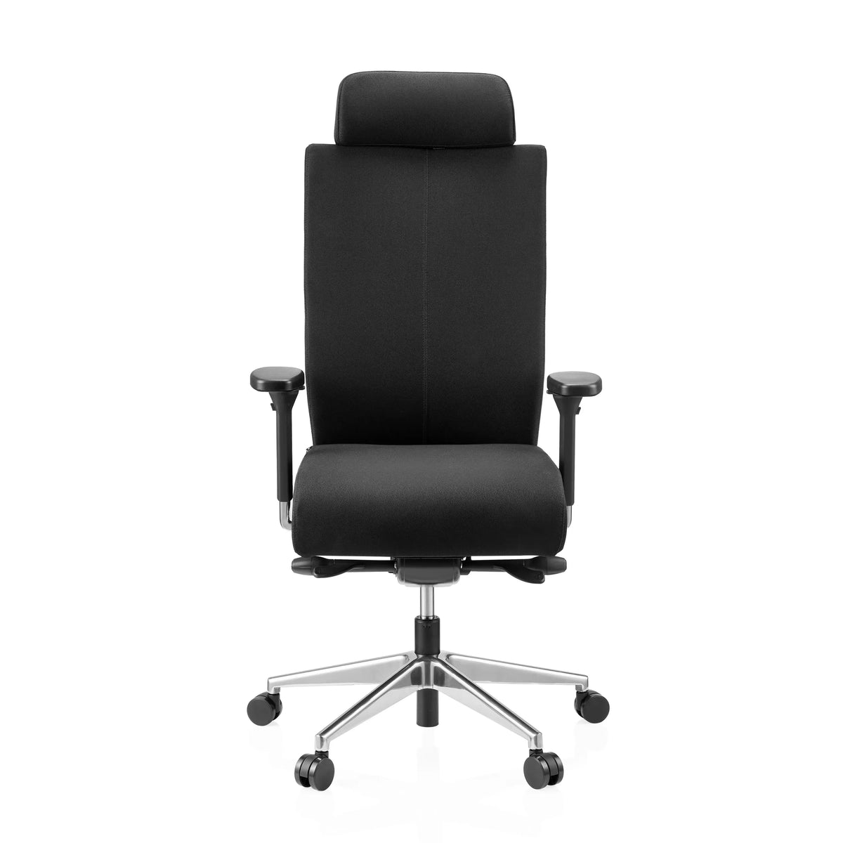 Zwarte Professionele bureaustoel PRO-TEC XXL met stoffen bekleding, hoofdsteun en vijfpoot met wieltjes van hjh OFFICE – 360-gradenweergave (vooraanzicht 0°)
