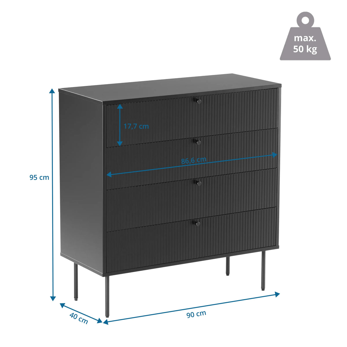 Maattekening van de Commode KARBY K met 90 × 95 cm en een draagvermogen van 50 kg van hjh LIVING