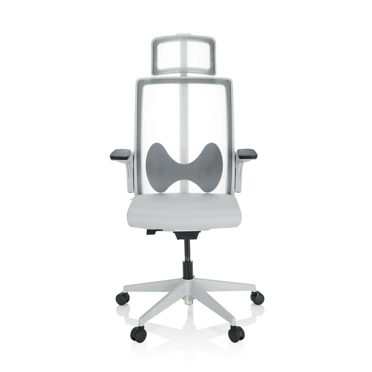 Grijze Professionele bureaustoel ARCEO W met netrug, hoofdsteun en vijfstervoet met zwenkwielen van hjh OFFICE – 360-gradenweergave (vooraanzicht 0°)