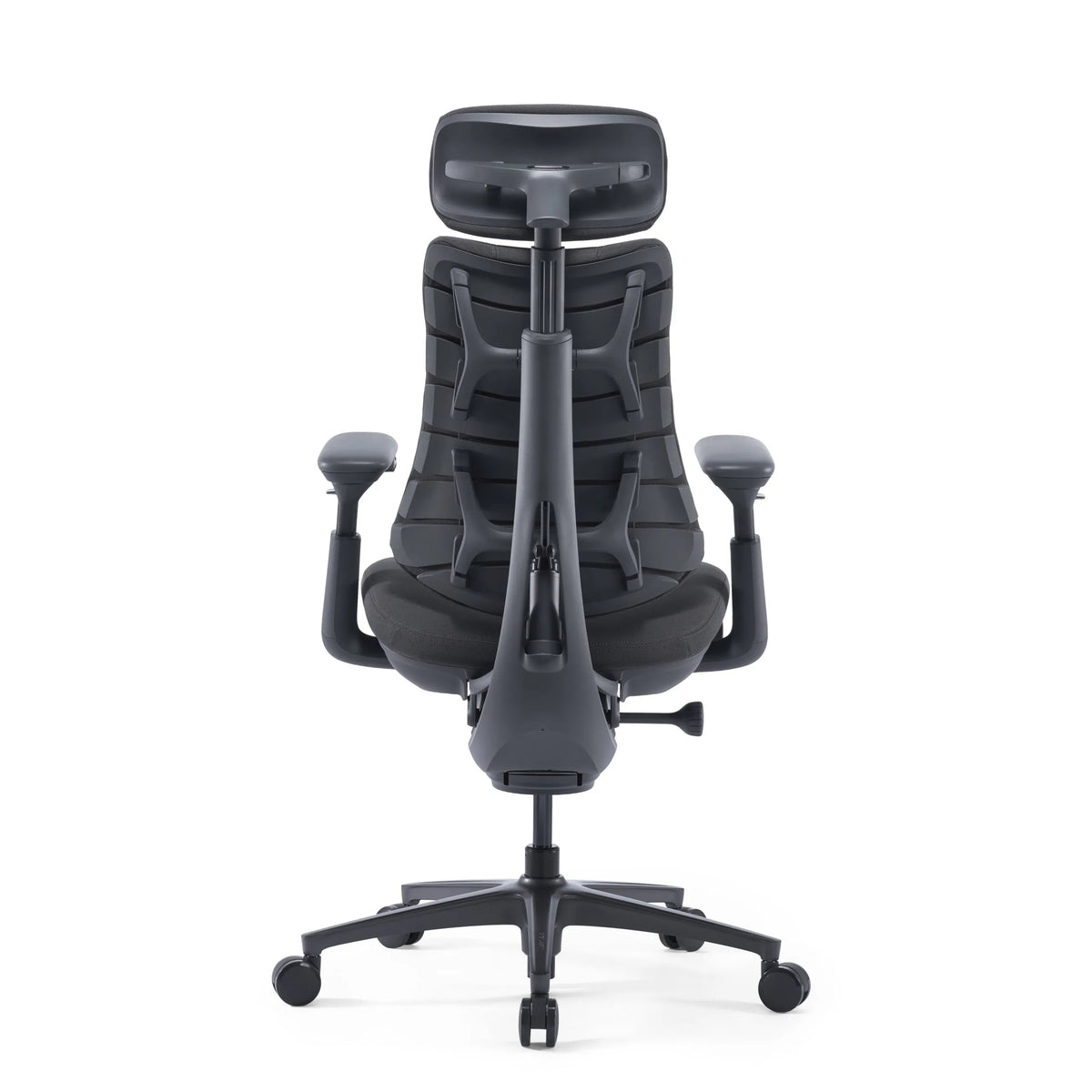 Achterzijde van de donkergrijze High end bureaustoel LiberNovo Omni Pro met hoofdsteun van Libernovo