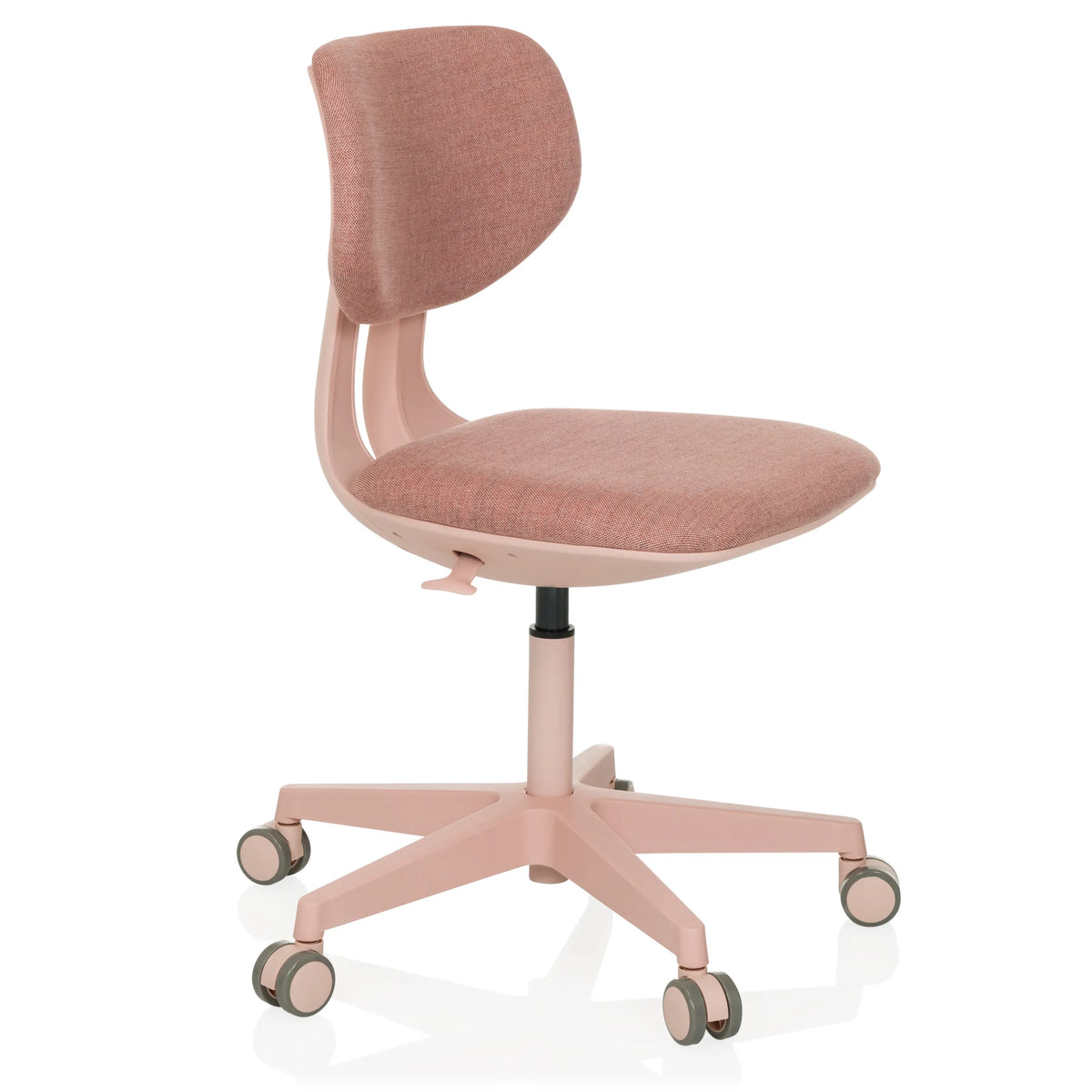 Roze Kinder bureaustoel KID COLORE met gevoerde vlakken en vijfpoot met wieltjes van hjh OFFICE – 360-gradenweergave (schuin vooraanzicht 45°)