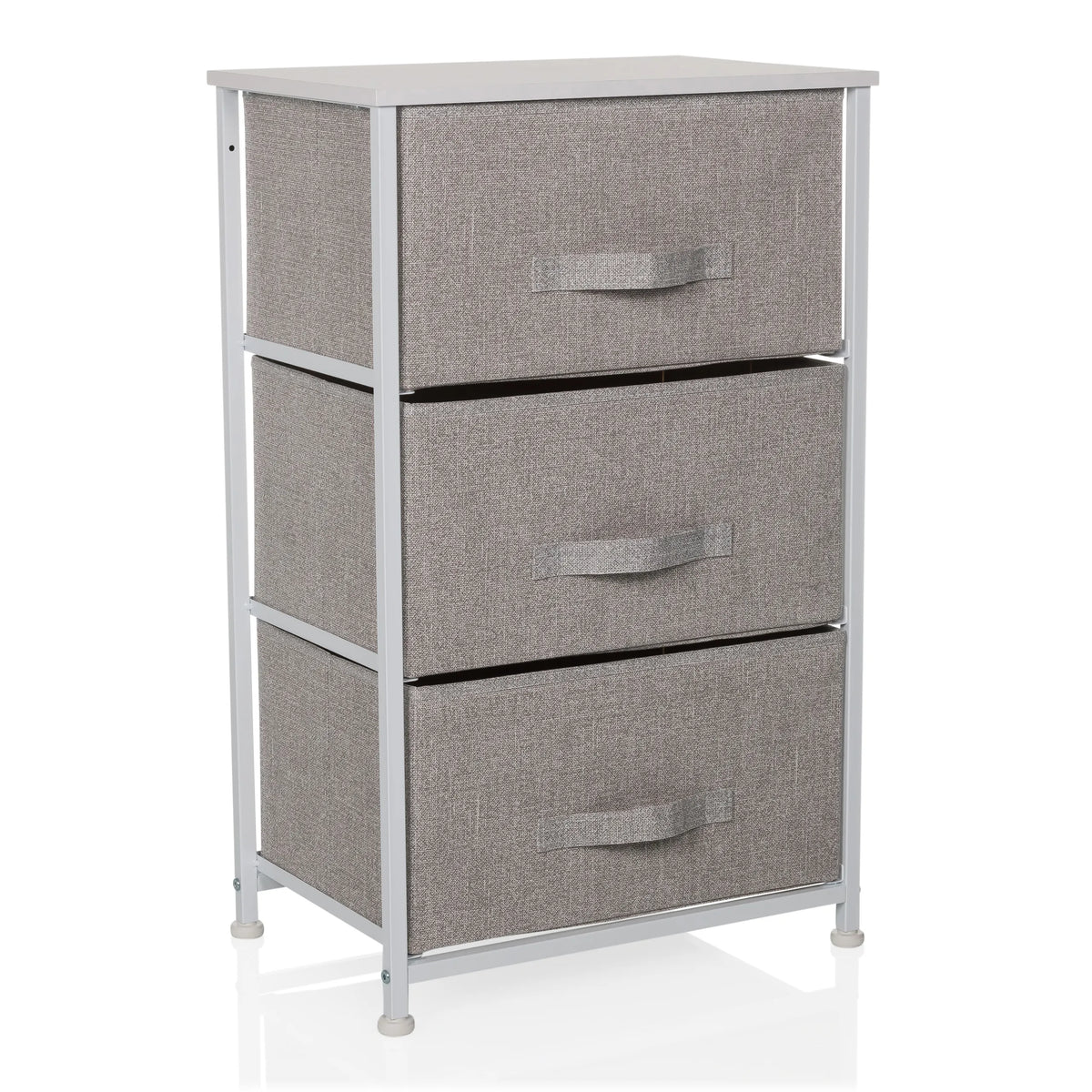 Grijze Commode FOLDRESS M met drie stoffen laden en een wit frame van hjh LIVING – 360-gradenweergave (schuin vooraanzicht 30°)