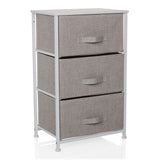 Grijze Commode FOLDRESS M met drie stoffen laden en een wit frame van hjh LIVING – 360-gradenweergave (schuin vooraanzicht 30°)