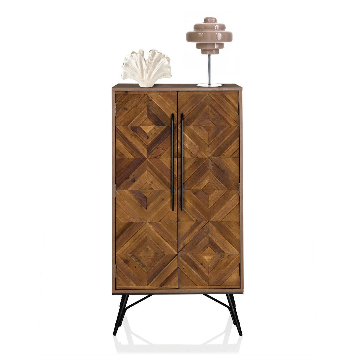 Commode SANTJAGO WOOD HIGH van donkerbruin hout met geometrisch patroon en zwarte poten van hjh LIVING