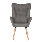 Grijze Gestoffeerde fauteuil HAVENIO I met knoopdetails, armleuningen en vier houten poten van hjh LIVING – 360-gradenweergave (vooraanzicht 0°)