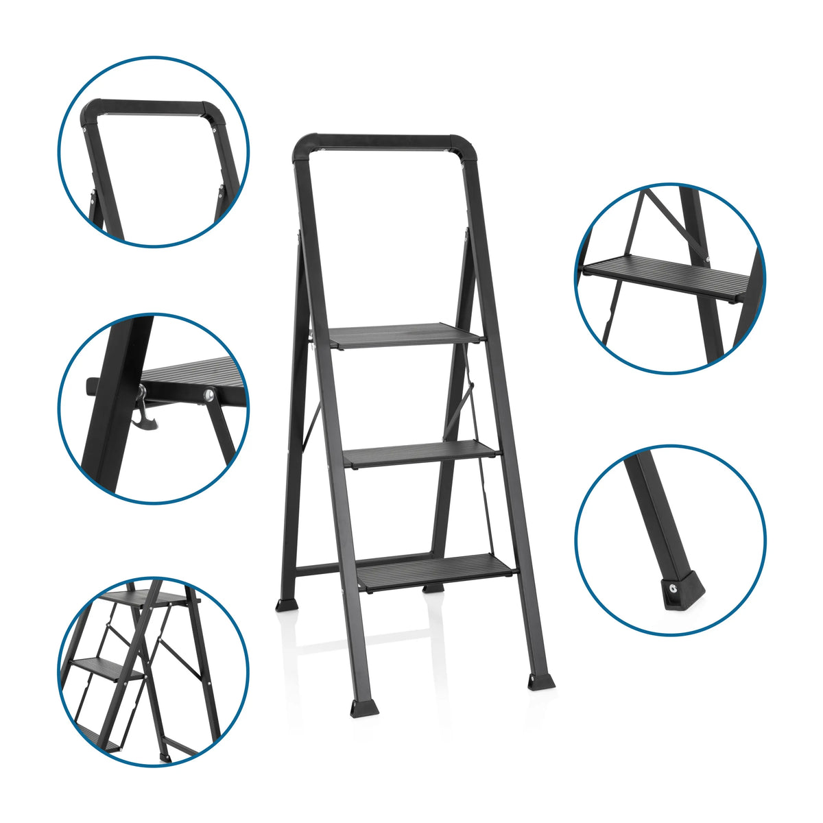 Zwarte Klaptrap SOLID W6 met drie treden, handleuning en antislipvoeten van hjh OFFICE