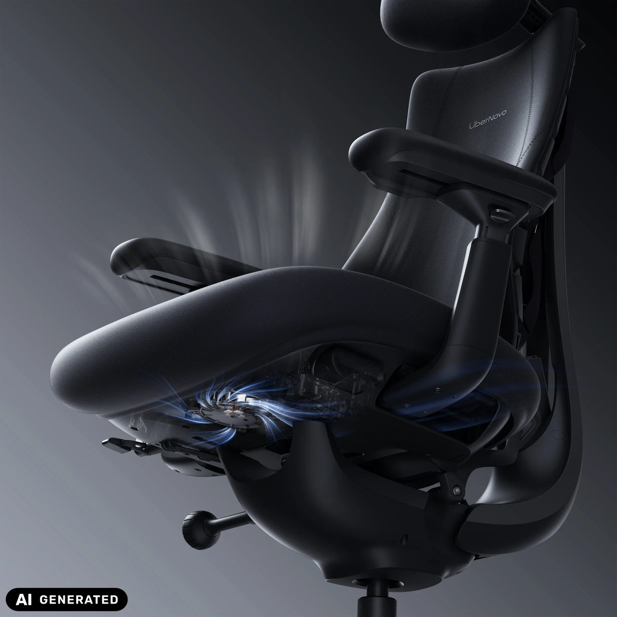 Zitmechanisme van de LiberNovo Omni Pro high end bureaustoel in donkergrijs van Libernovo (AI-gegenereerde afbeelding)