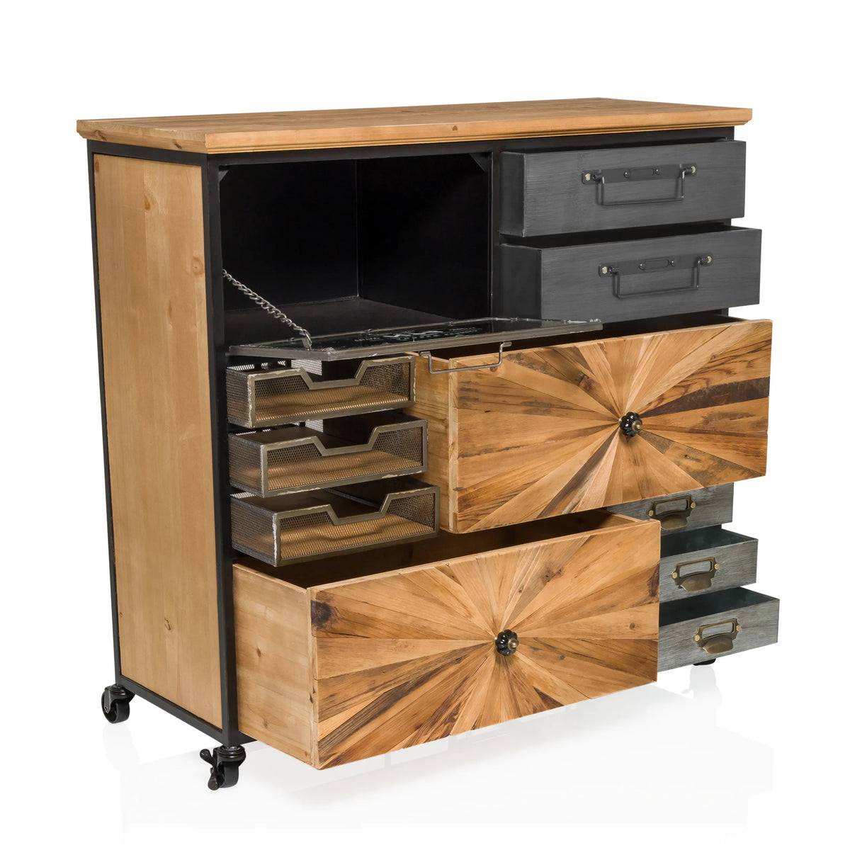 Dressoir CONTINENTO XL met open vakken, laden van hout en metaal en zwenkwielen van hjh LIVING