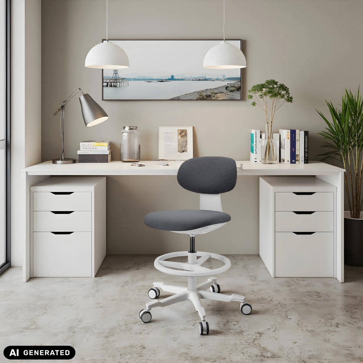 Werkstoel WORK MF2 W in donkergrijs voor een wit bureau van hjh OFFICE (AI-gegenereerde afbeelding)