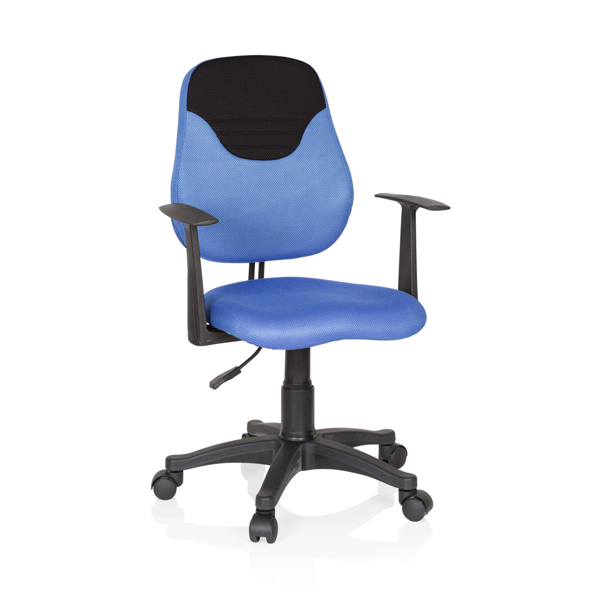 Blauwe Kinder bureaustoel KIDDY STYLE met netrugleuning, armleuningen en vijfpoot met wieltjes van hjh OFFICE – 360-gradenweergave (vooraanzicht 20°)