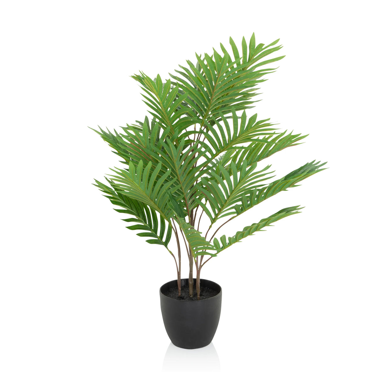 Groene Kunstplant ARECA met geveerde bladeren in een zwarte pot van hjh OFFICE – 360-gradenweergave (vooraanzicht 0°)