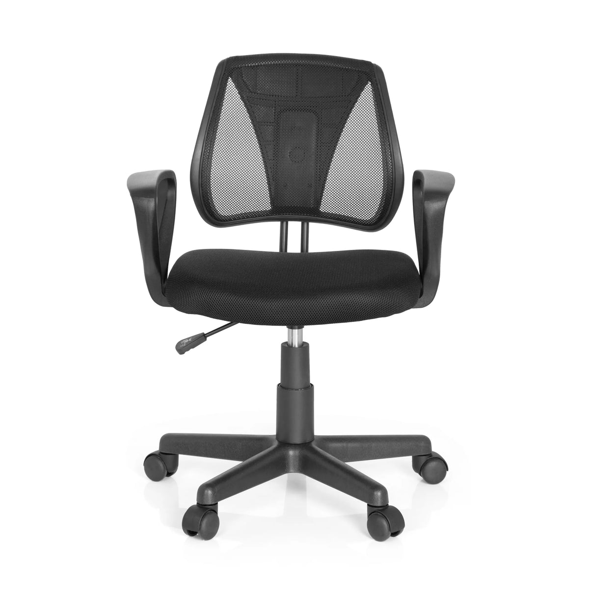 Zwarte Kinder bureaustoel KIDDY CD met netrugleuning en vijfpoot met rolletjes van hjh OFFICE – 360-gradenweergave (vooraanzicht 0°)