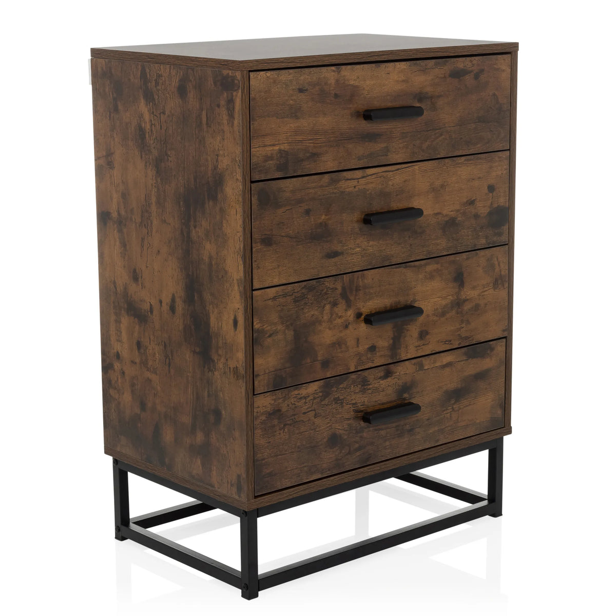Bruine Commode VINSTRA met vier laden en zwart metalen frame van hjh LIVING – 360-gradenweergave (schuin vooraanzicht 30°)