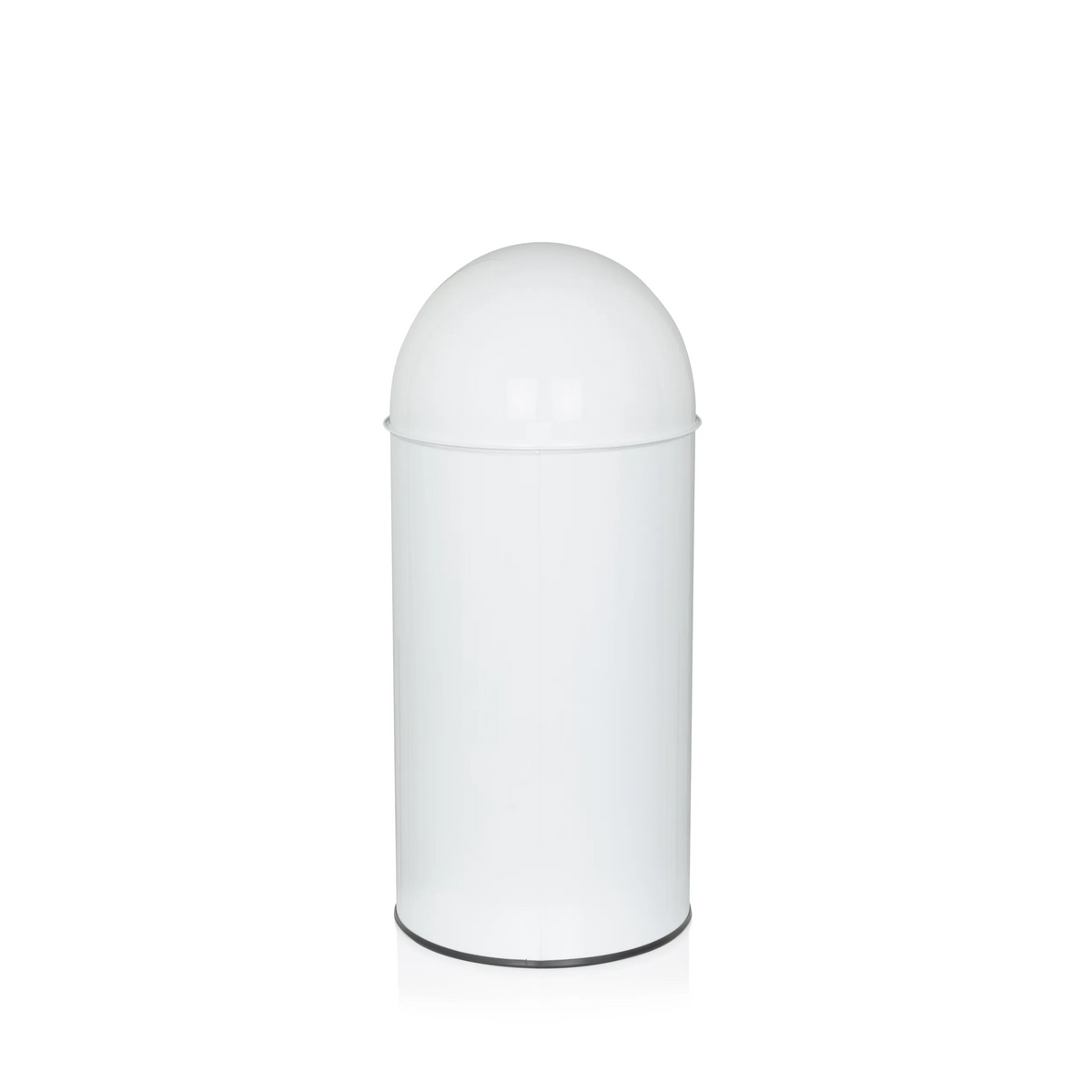 Witte prullenbak PUSH 35L met afgeronde bovenkant en zilveren inwerpopening van hjh OFFICE – 360-gradenweergave (schuin achteraanzicht 240°)