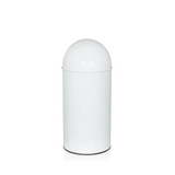 Witte prullenbak PUSH 35L met afgeronde bovenkant en zilveren inwerpopening van hjh OFFICE – 360-gradenweergave (schuin achteraanzicht 240°)