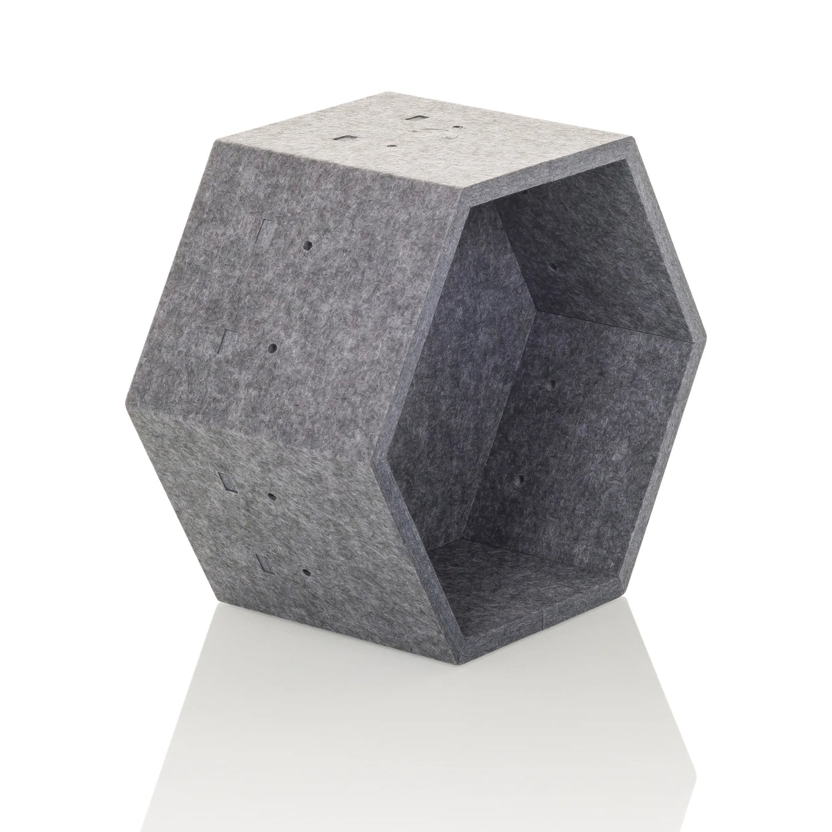 Grijze zeshoekige scheidingswand FLEXMIUT STORE S van vilt van hjh OFFICE – 360-gradenweergave (schuin vooraanzicht 45°)