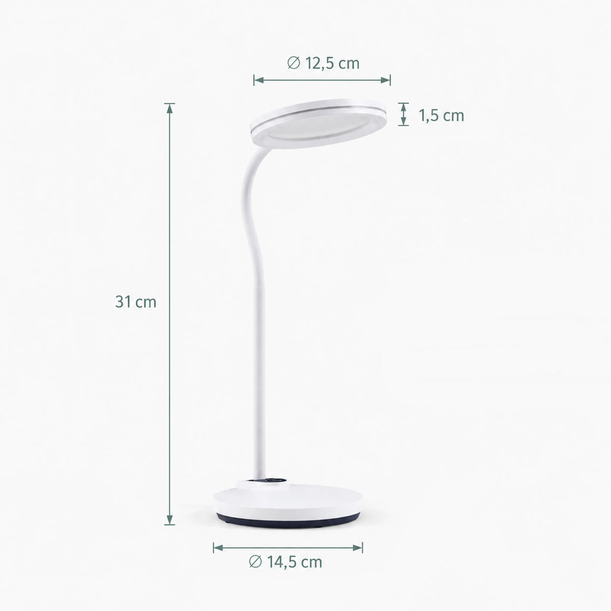 Maattekening van de Lumanova D5 bureaulamp met een hoogte van 31 cm en een voetdiameter van 14,5 cm van hjh OFFICE