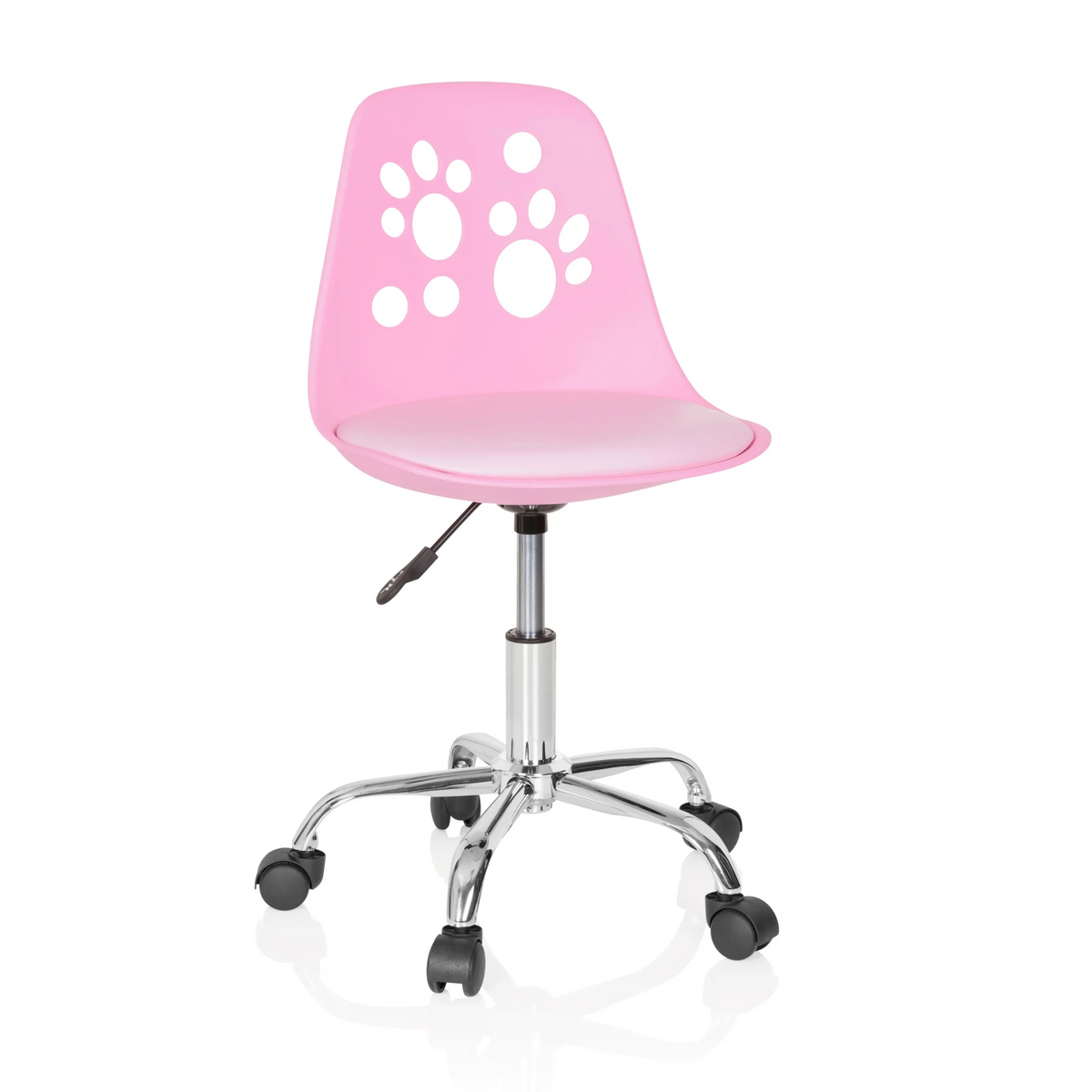 Roze Kinder bureaustoel FANCY I met pootafdrukken in de rugleuning en een vijfpoot met zwenkwielen van hjh OFFICE – 360-gradenweergave (vooraanzicht 20°)