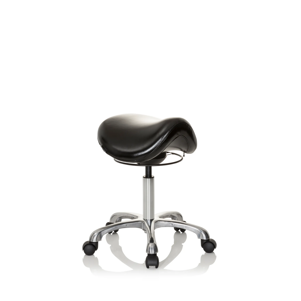 Zwarte Zadelkruk ORTHO SIT met voetkruis en vijf zwenkwielen van hjh OFFICE – 360-gradenweergave (schuin vooraanzicht 40°)