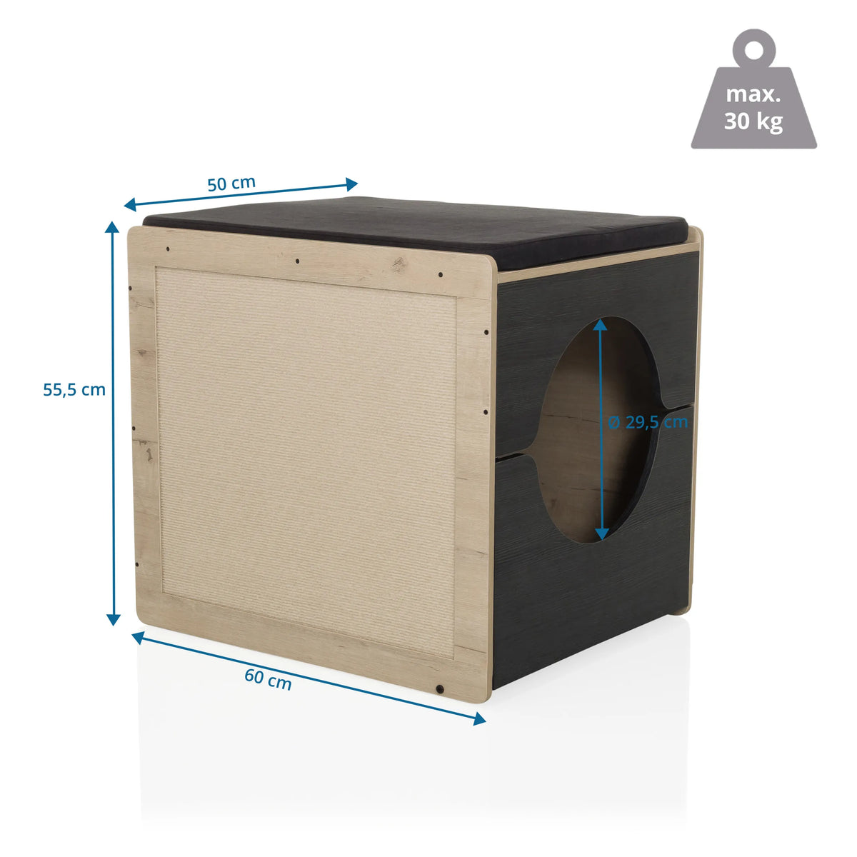 Maataanzicht van het Kattenhuis KITTY PAWBOX 2 met een hoogte van 55,5 cm en breedte van 60 cm van hjh LIVING