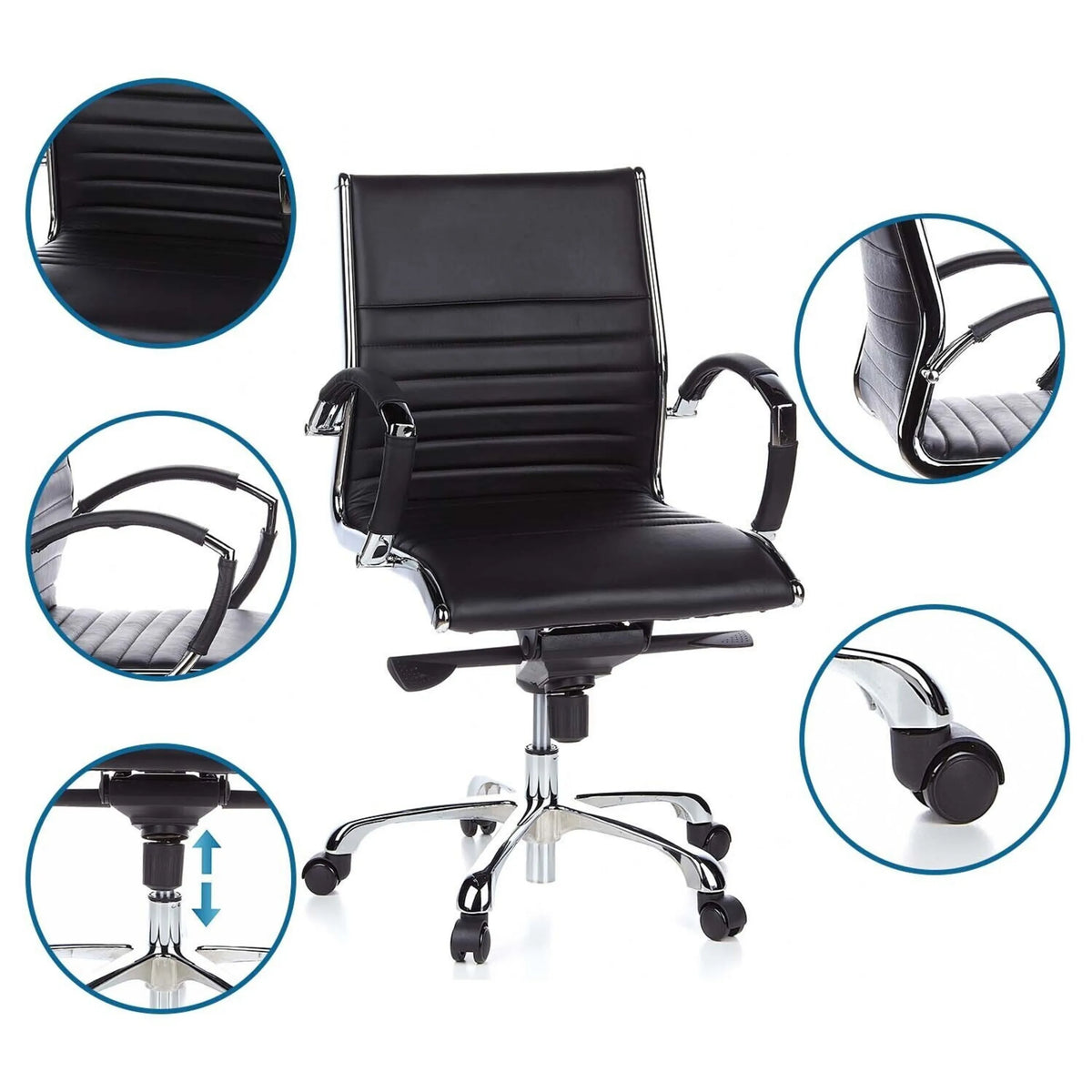 Professionele directiestoel PARMA 10 in zwart met detailopnamen van bekleding, armleuningen, wieltjes en gasveer van hjh OFFICE
