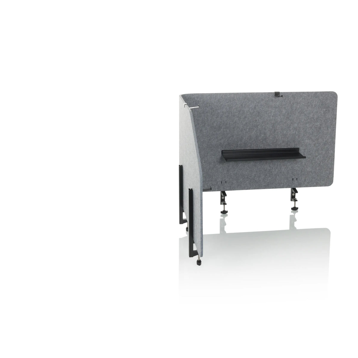 Grijze Tafelverdeler FLEXMIUT T TOP met geïntegreerde plank en bevestigingsklemmen van hjh OFFICE – 360-gradenweergave (schuin vooraanzicht 45°)