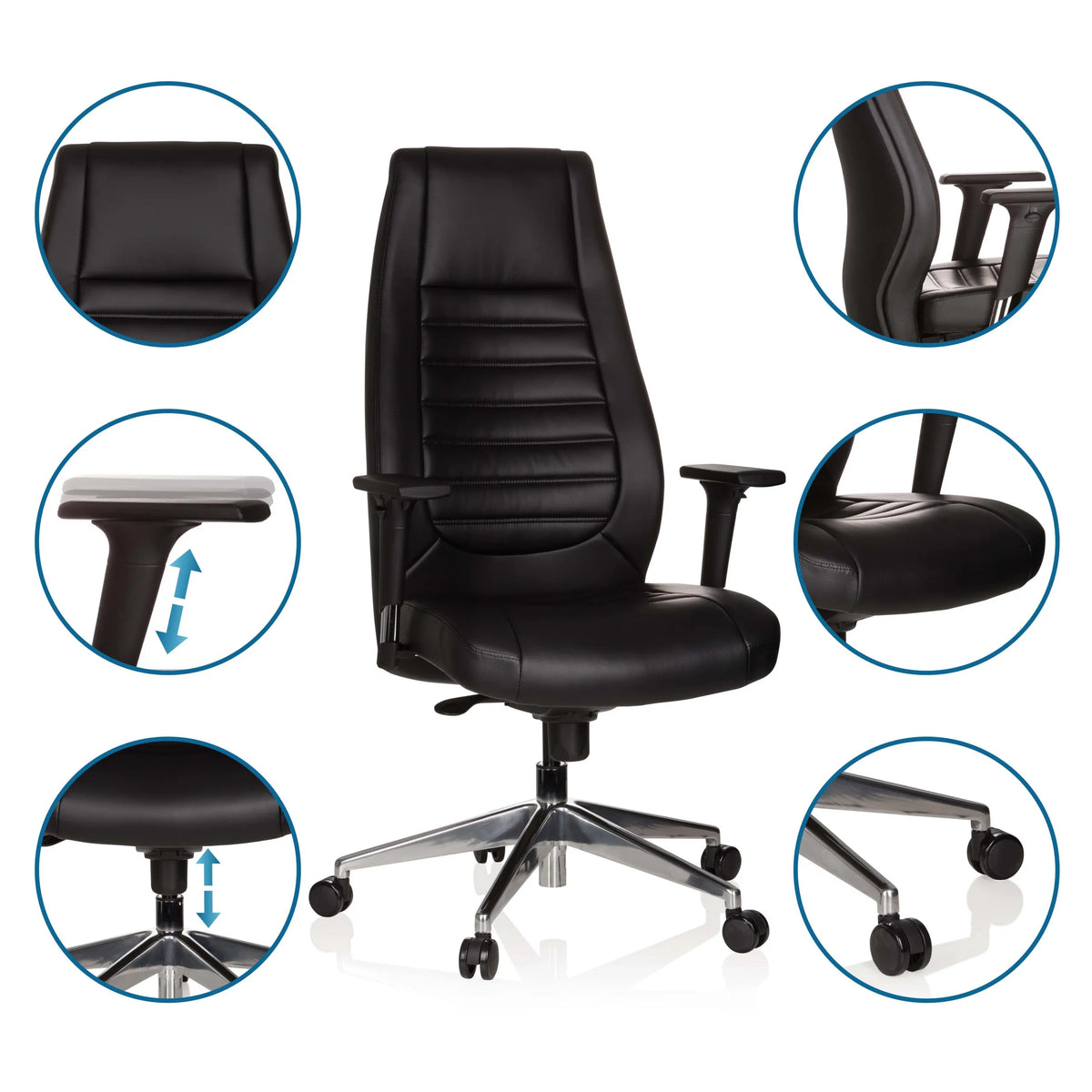 Profi-Chefsessel VITORO in Schwarz mit Detailansichten der Armlehnen, Sitzhöhe und Rollen von hjh OFFICE