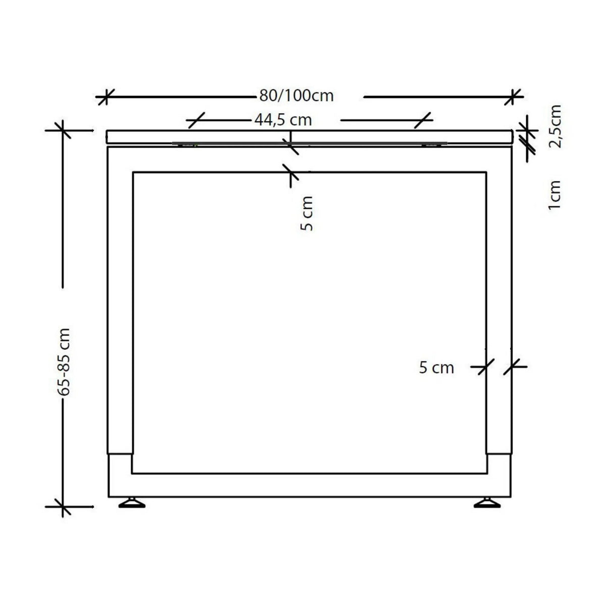 Maßzeichnung des Schreibtischs REGO 19 S mit einer Breite von 80/100 cm und Höhe von 65-85 cm von hjh OFFICE PRO