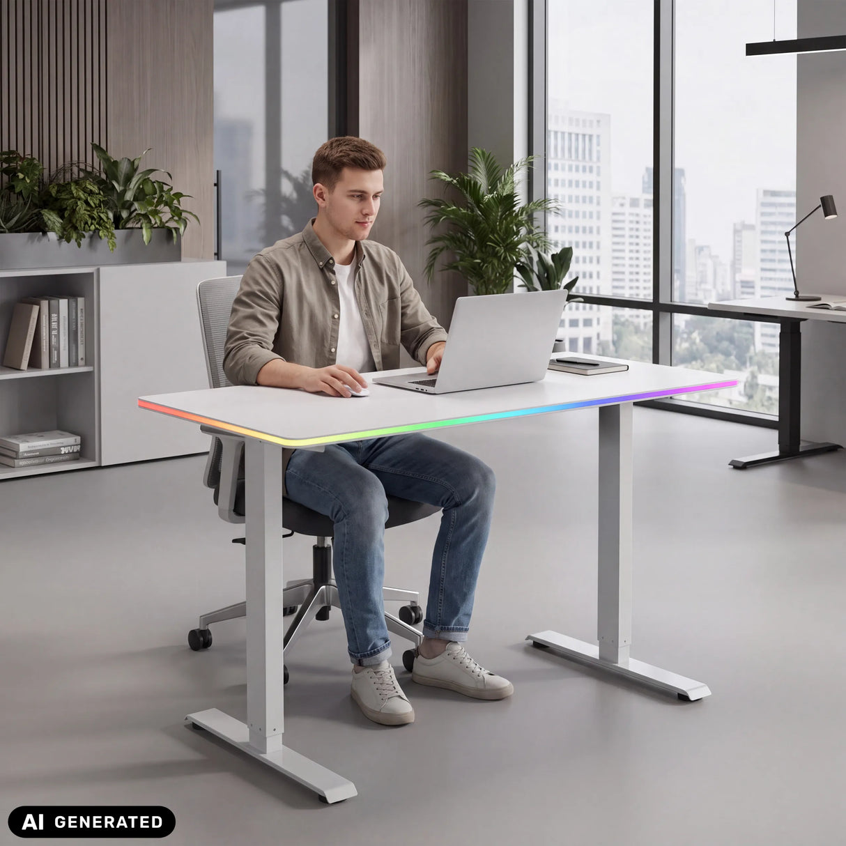 Elektrisch in hoogte verstelbaar bureau Worktime LED in wit met geïntegreerde RGB-verlichting aan de rand van hjh OFFICE