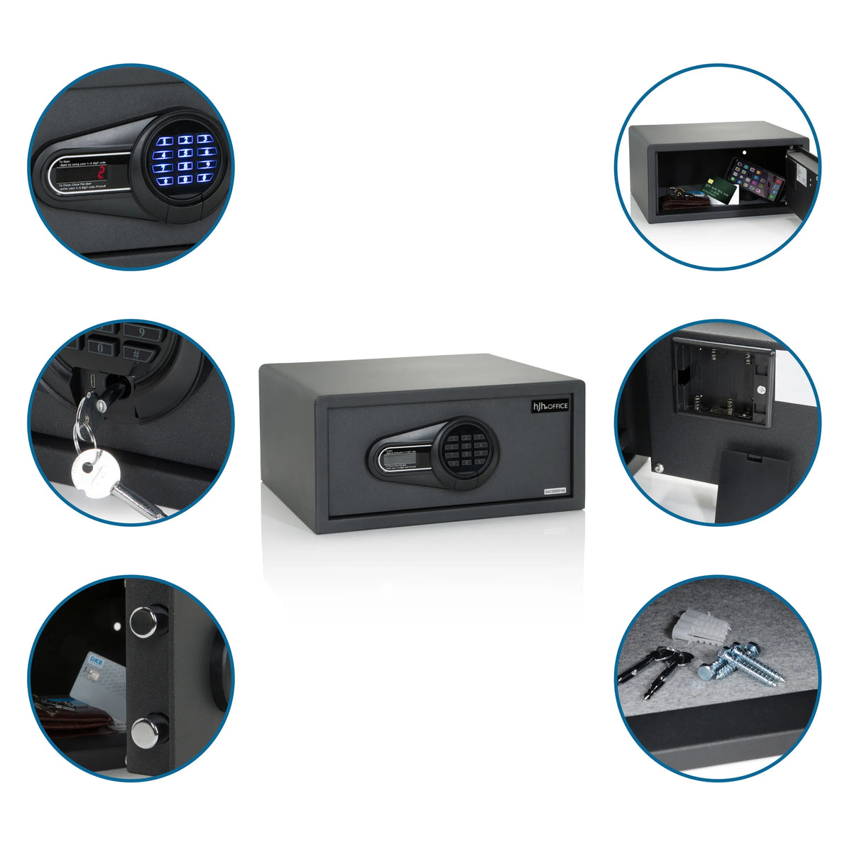 Zwarte kluis SAFE COMPACT I met cijferslot, sleutels en montageaccessoires van hjh OFFICE