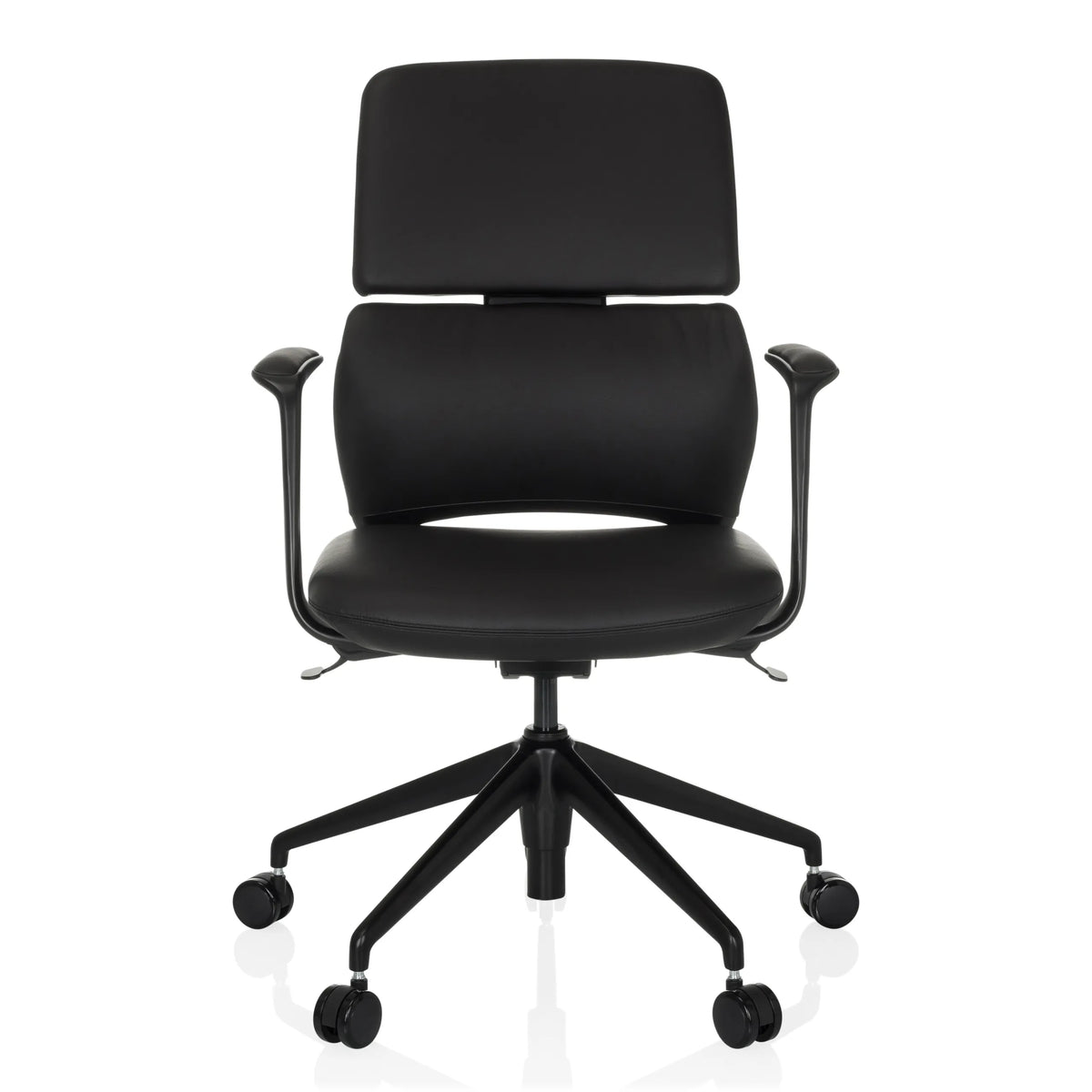 Zwarte Professionele bureaustoel ATMOS DESIGNER met armleuningen en vijfpoot met wieltjes van hjh OFFICE – 360-gradenweergave (vooraanzicht 0°)