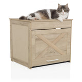 Kattenhuis KITTY PAWBOX 1 in eikenlook met een liggende kat op de bovenkant van hjh LIVING