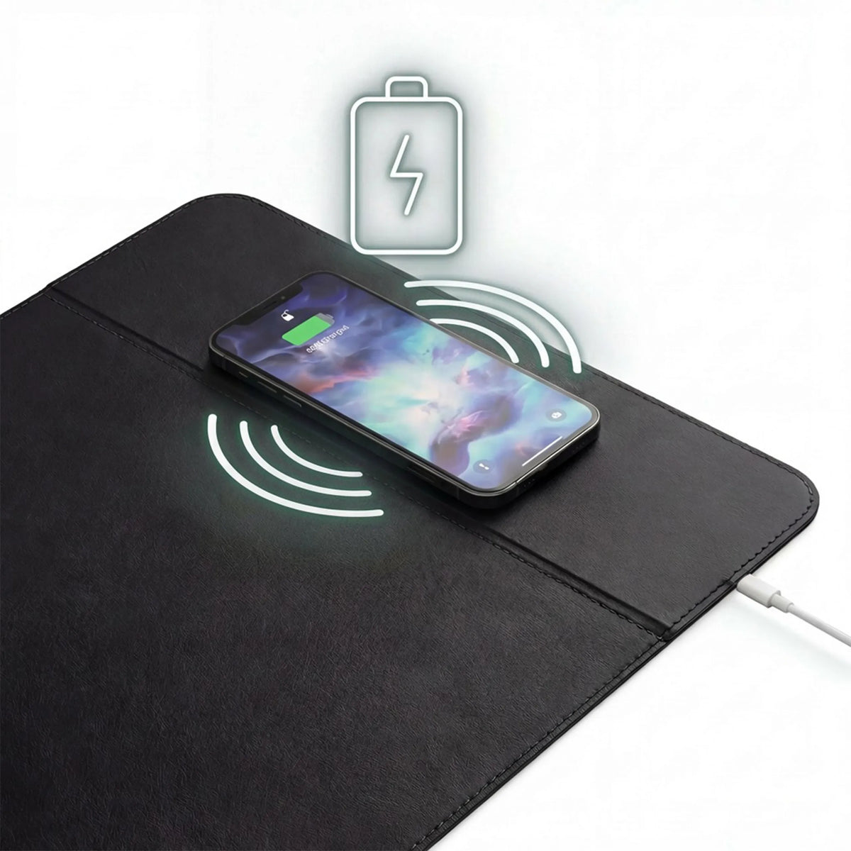 Inductieve oplaadfunctie van de Padflux Power Bureau Onderlegger in zwart met smartphone van hjh OFFICE