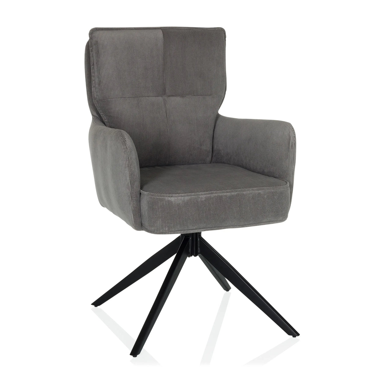 Grijze gestoffeerde stoel TARUGO met geribbelde bekleding en vierpotig onderstel van hjh LIVING – 360-gradenweergave (vooraanzicht 15°)