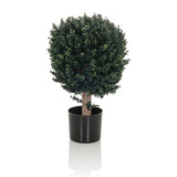 Groene Kunstplant BUXUS in de vorm van een bolvormige boom met een zwarte pot van hjh OFFICE – 360-gradenweergave (vooraanzicht 0°)