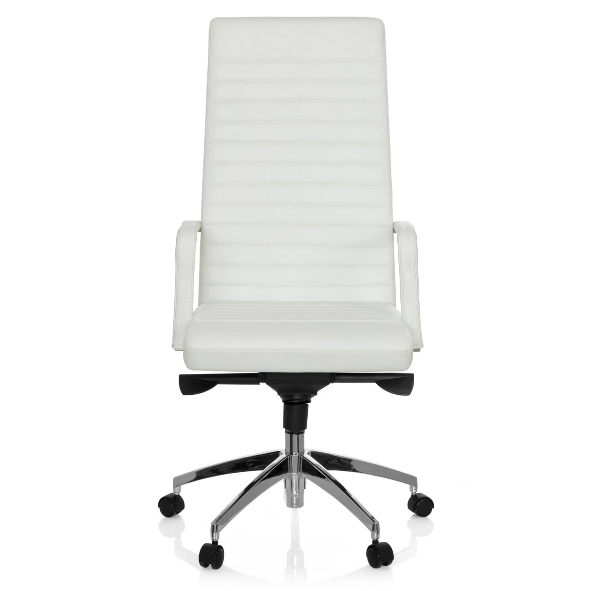 Witte Professionele directiestoel LENGA met horizontale stiknaden en vijfsterrenvoet met rolletjes van hjh OFFICE – 360-gradenweergave (vooraanzicht 0°)