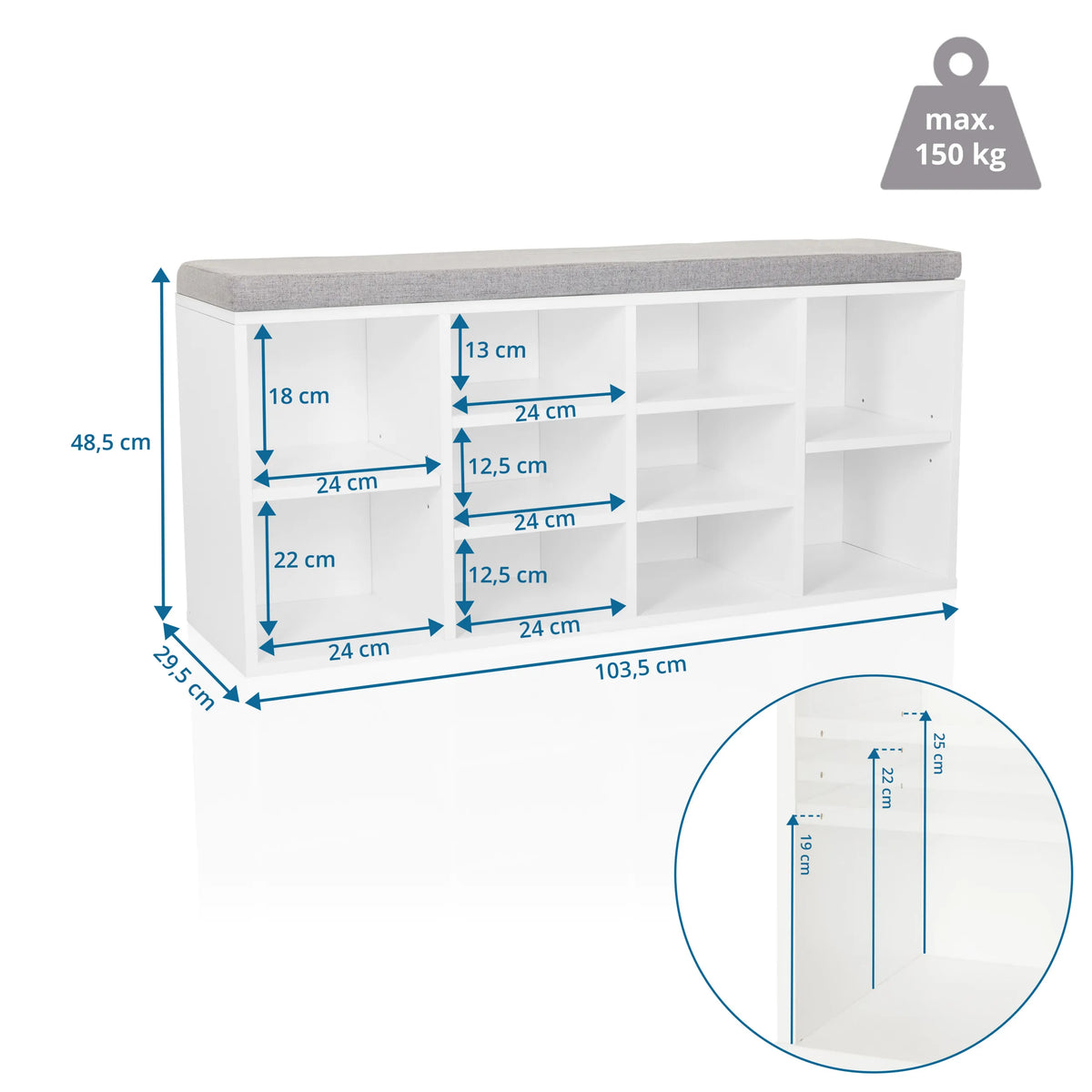 Maattekening van de Schoenenkast ESTHA 10 met 103,5 × 48,5 cm en een draagvermogen van 150 kg van hjh LIVING