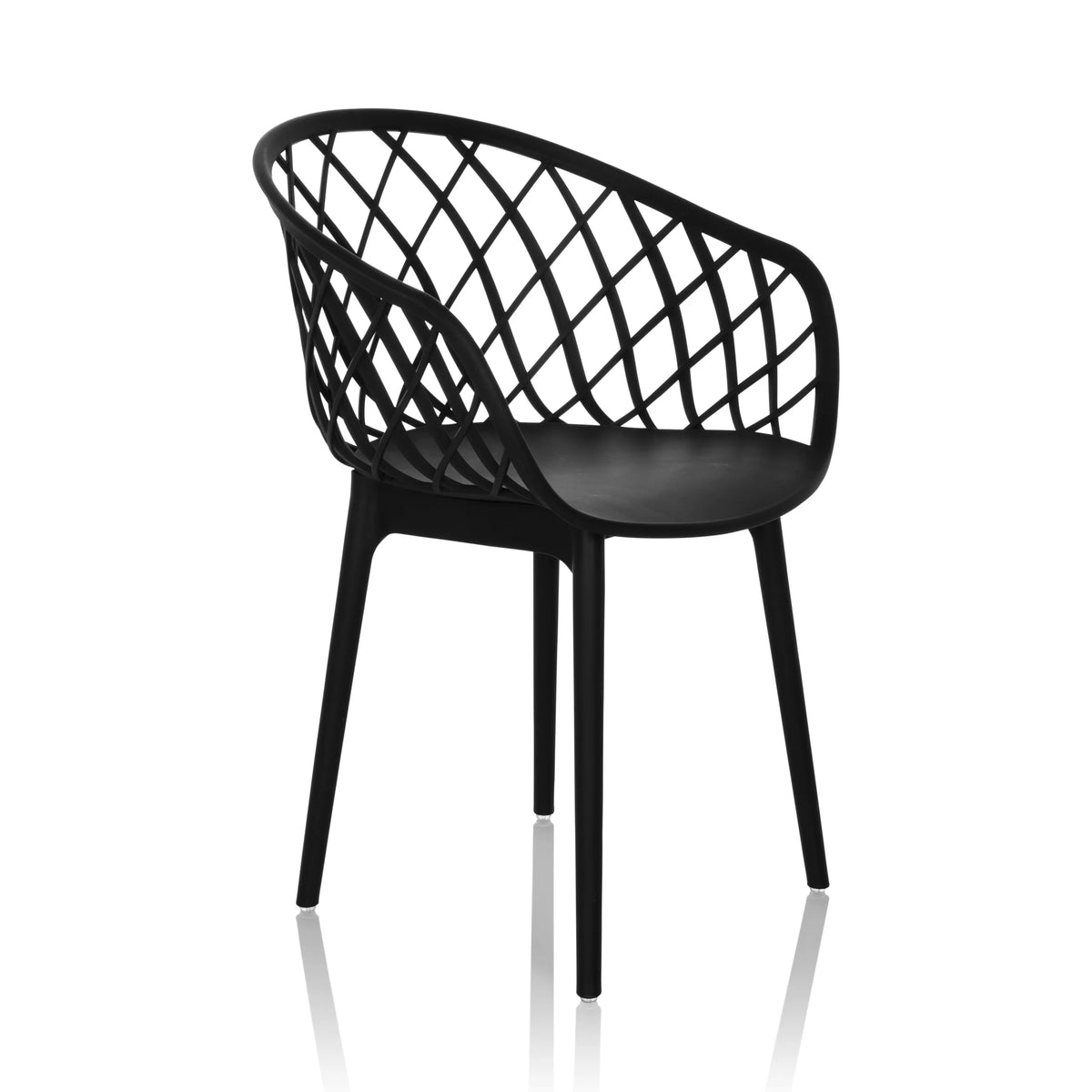 Zwarte Shell-stoel BEGIO B met roostervormige rugleuning en vier poten van hjh OFFICE – 360-gradenweergave (schuin vooraanzicht 45°)