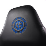 Blauw geborduurd logo op de zwarte rugleuning van de Gamestoel GAMEBREAKER POLARYS I van hjh OFFICE