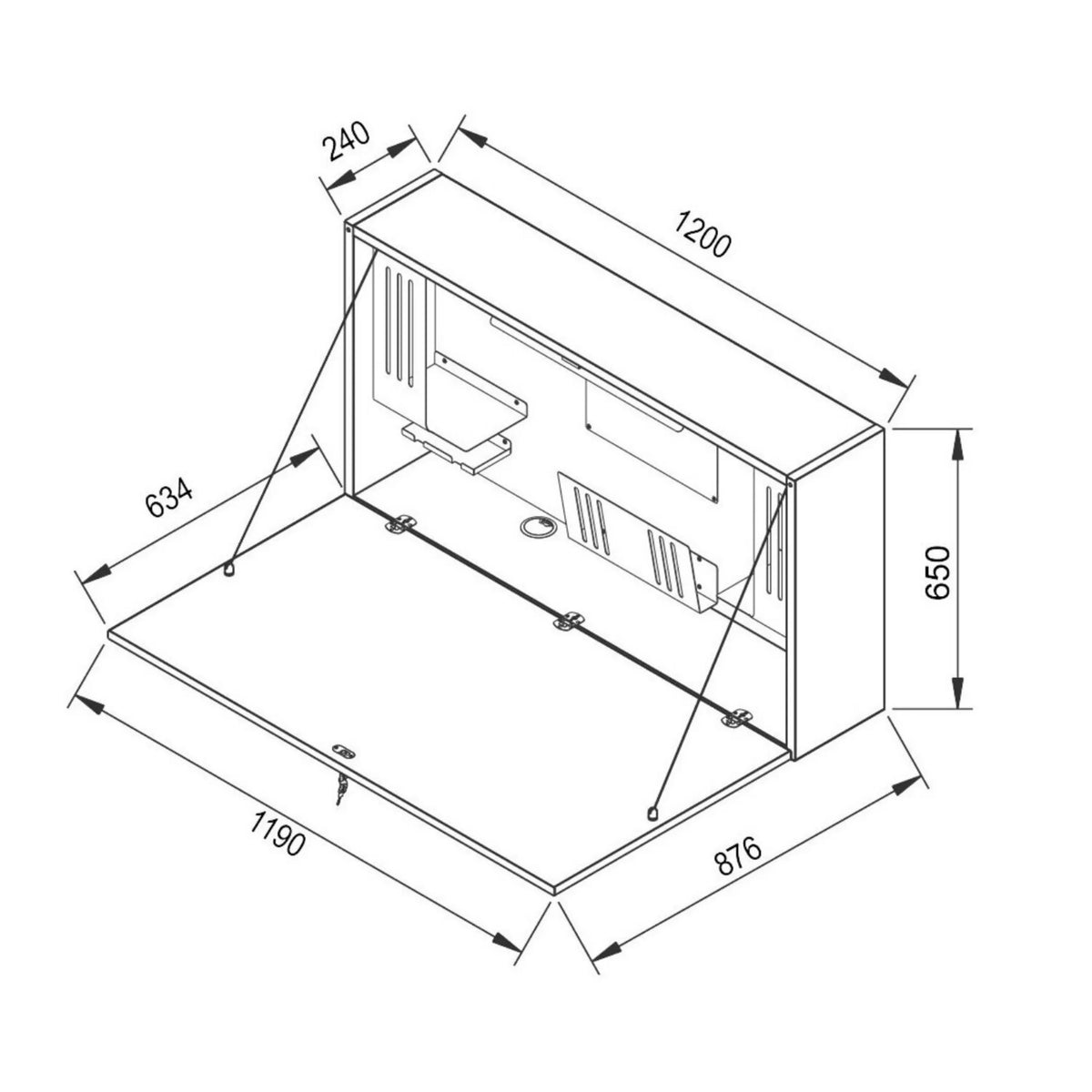 Technische tekening van het wandbureau WOVA van 1200 × 650 mm van hjh OFFICE PRO