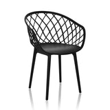 Zwarte Shell-stoel BEGIO B met roostervormige rugleuning en vier poten van hjh OFFICE – 360-gradenweergave (schuin vooraanzicht 30°)