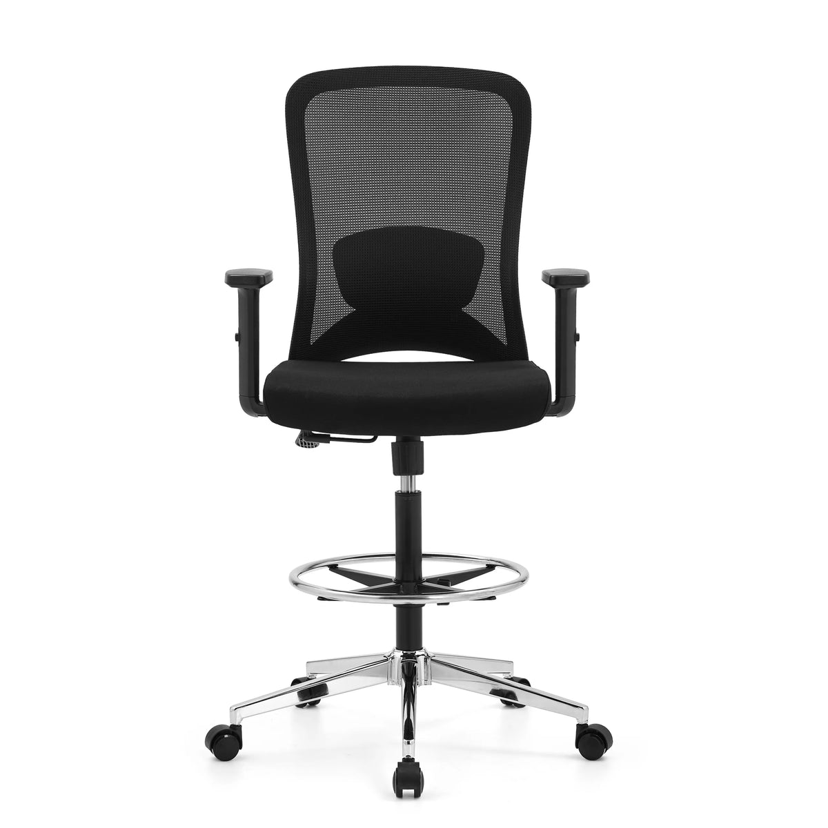 Zwarte Werkstoel Top Work 44 met netrugleuning, voetring en vijfster-onderstel met wielen van hjh OFFICE – 360-gradenweergave (vooraanzicht 0°)