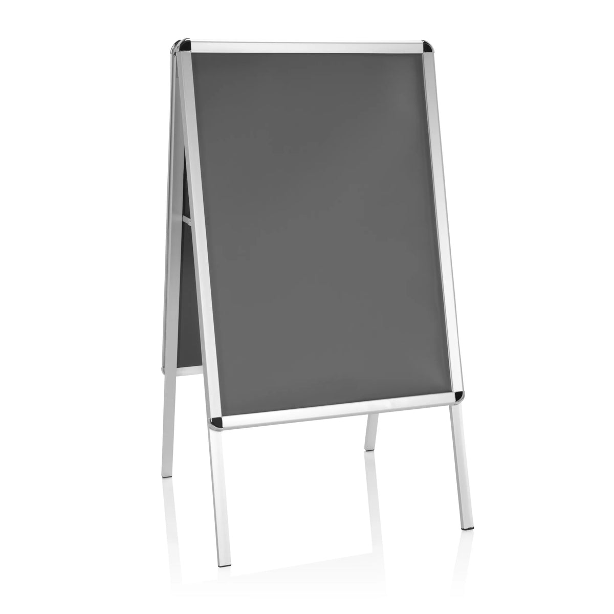Grijze Posterstandaard AGENDA II met aluminium frame en twee standvoeten van hjh OFFICE – 360-gradenweergave (vooraanzicht 20°)